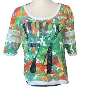 Juicy Couture Womens Floral Mesh Top Green White Large Relaxed Sporty Tee